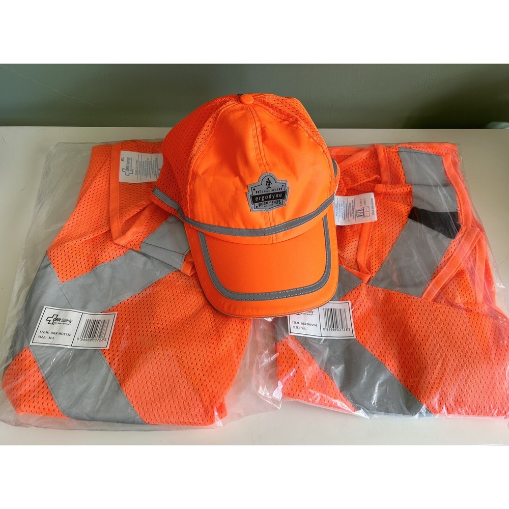 NEW Orange Safety Vests & Baseball Cap Hat - Orr Safety - Medium Large M/L